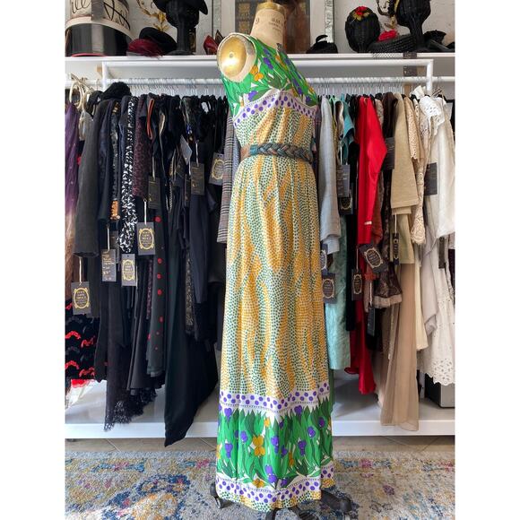 vintage 1970s maxi dress green and yellow mod floral border print polka dot - Picture 7 of 10